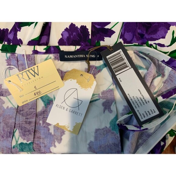 Samantha Sung White Purple Floral Carnation Pleated Zelda Skirt NWT $450 Size 8 - Picture 7 of 7